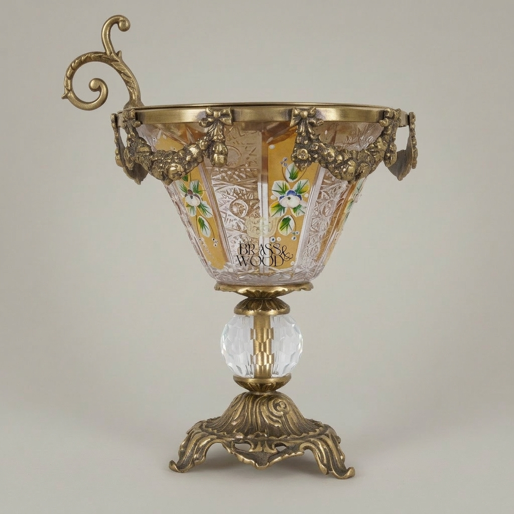Rococo Hand-Painted Crystal Incense Burner with Floral Swag & Ornate Brass Pedestal — Antique Gold
