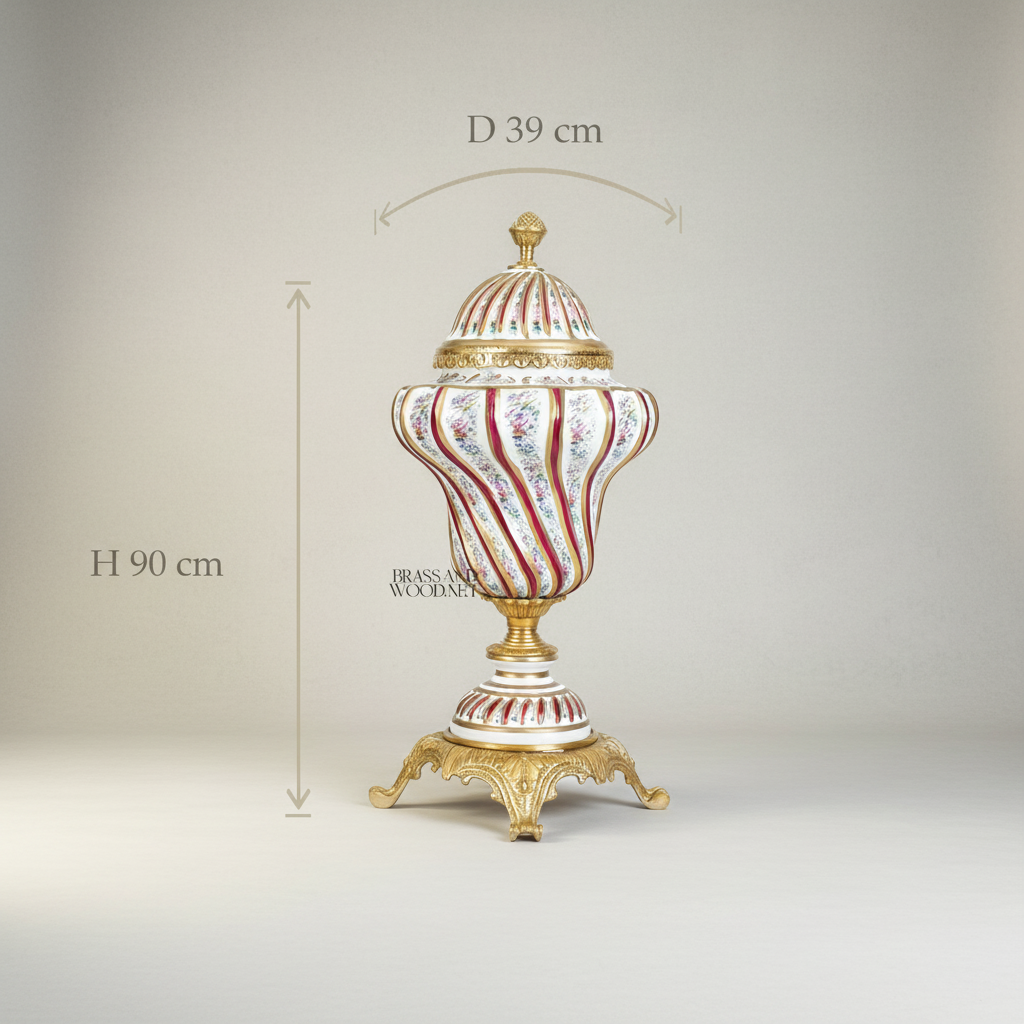 Rococo Hand-Painted Porcelain Lidded Urn with Brass Base — Spiral Floral Vase — Gold