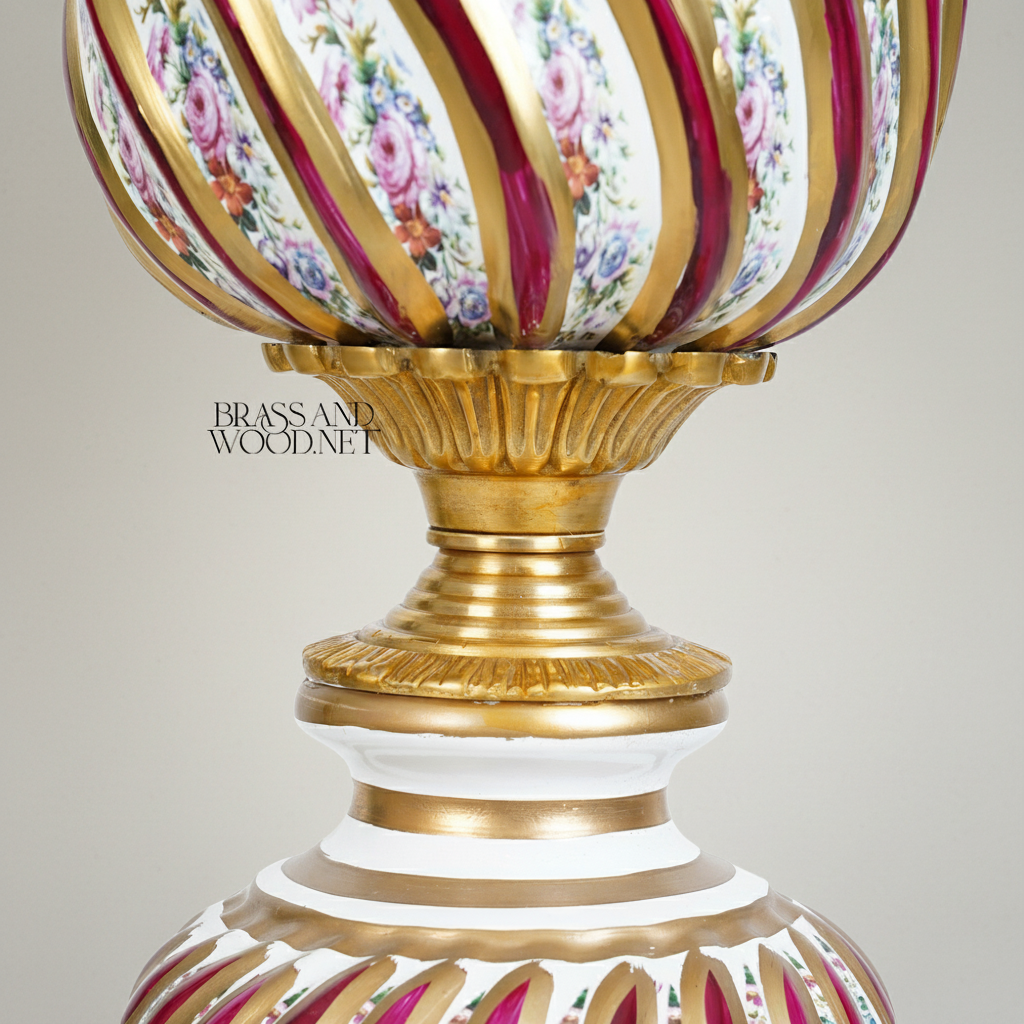 Rococo Hand-Painted Porcelain Lidded Urn with Brass Base — Spiral Floral Vase