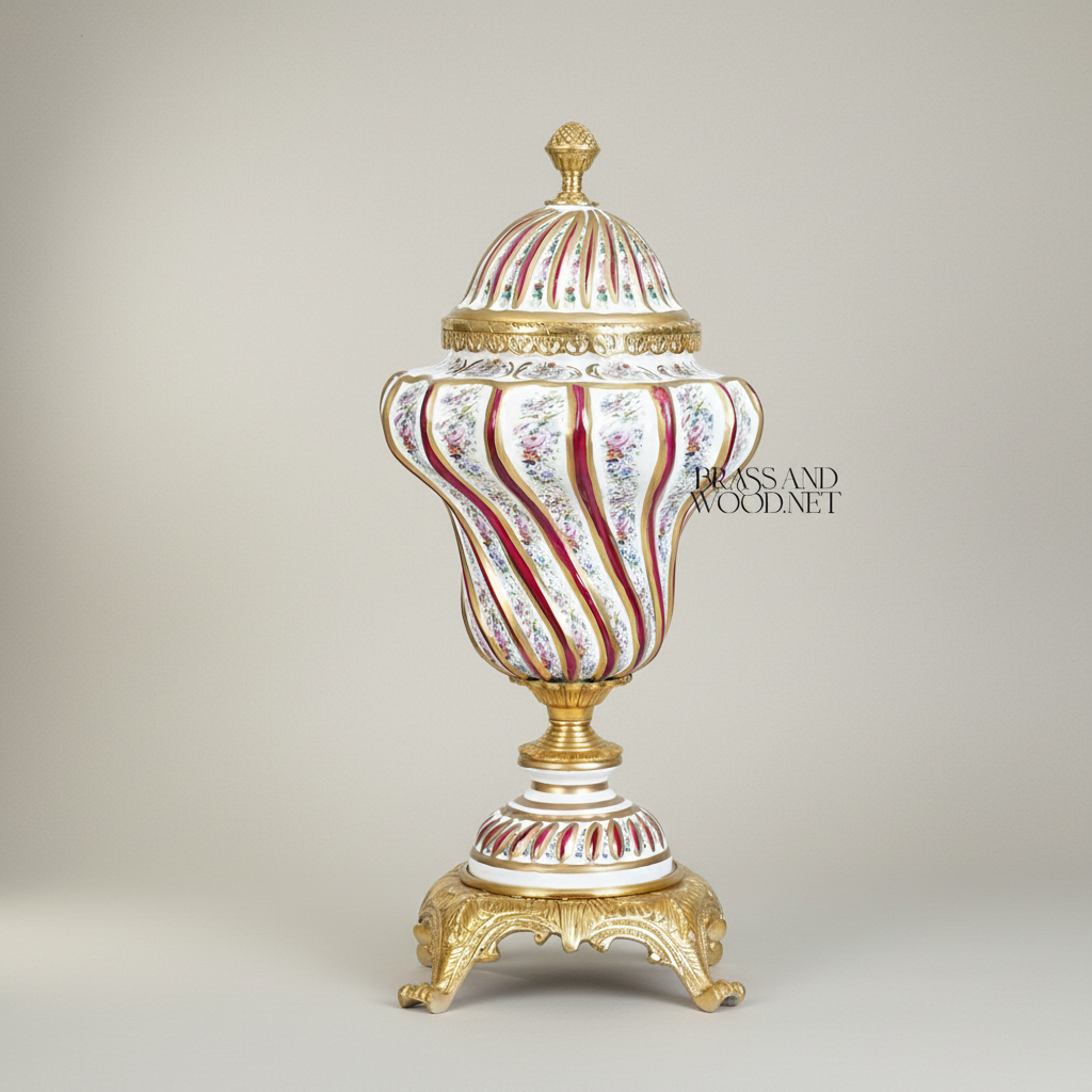 Rococo Hand-Painted Porcelain Lidded Urn with Brass Base — Spiral Floral Vase — Gold