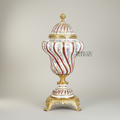 Rococo Hand-Painted Porcelain Lidded Urn with Brass Base — Spiral Floral Vase — Gold