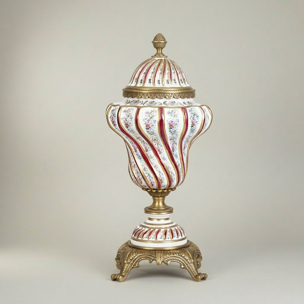Rococo Hand-Painted Porcelain Lidded Urn with Brass Base — Spiral Floral Vase — Antique Gold