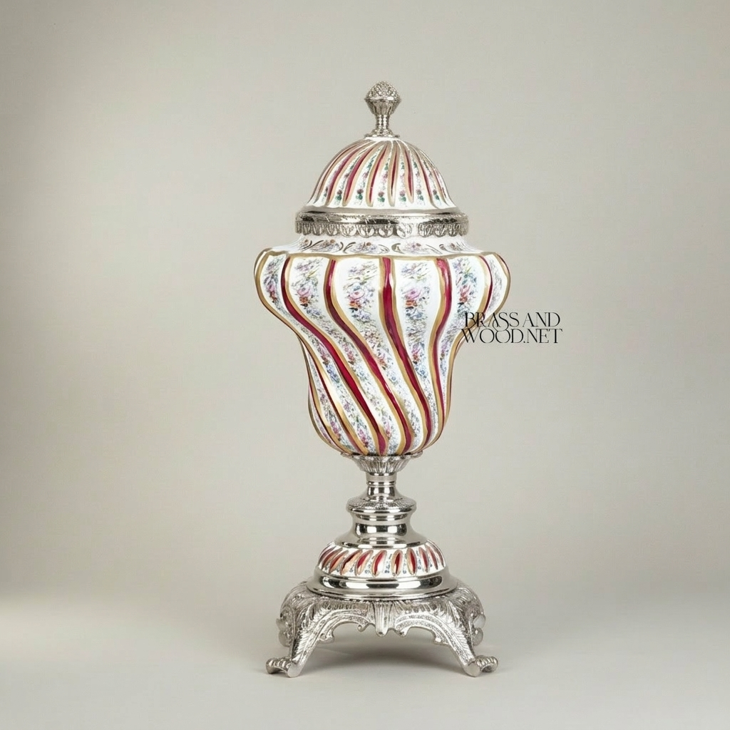 Rococo Hand-Painted Porcelain Lidded Urn with Brass Base — Spiral Floral Vase — Silver
