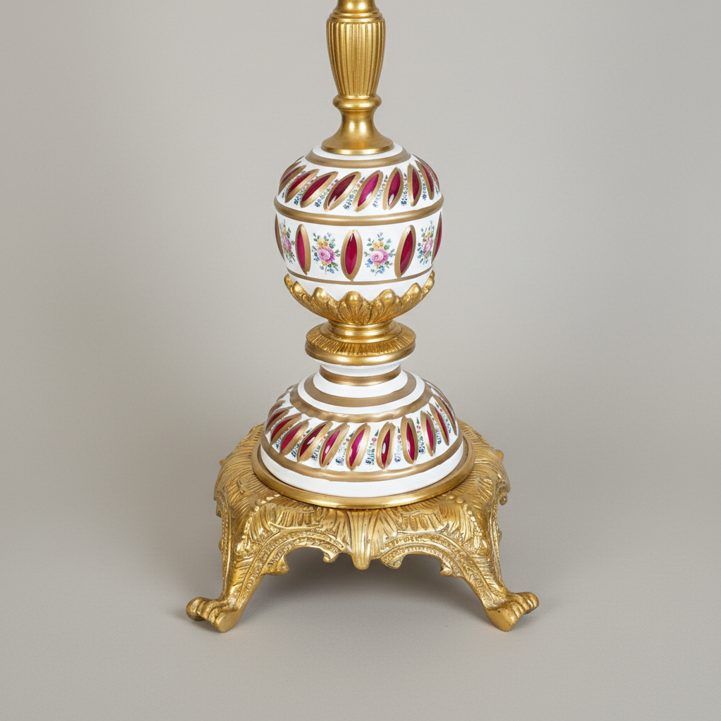 Rococo Hand-Painted Porcelain Lidded Urn with Brass Base — Spiral Floral Vase