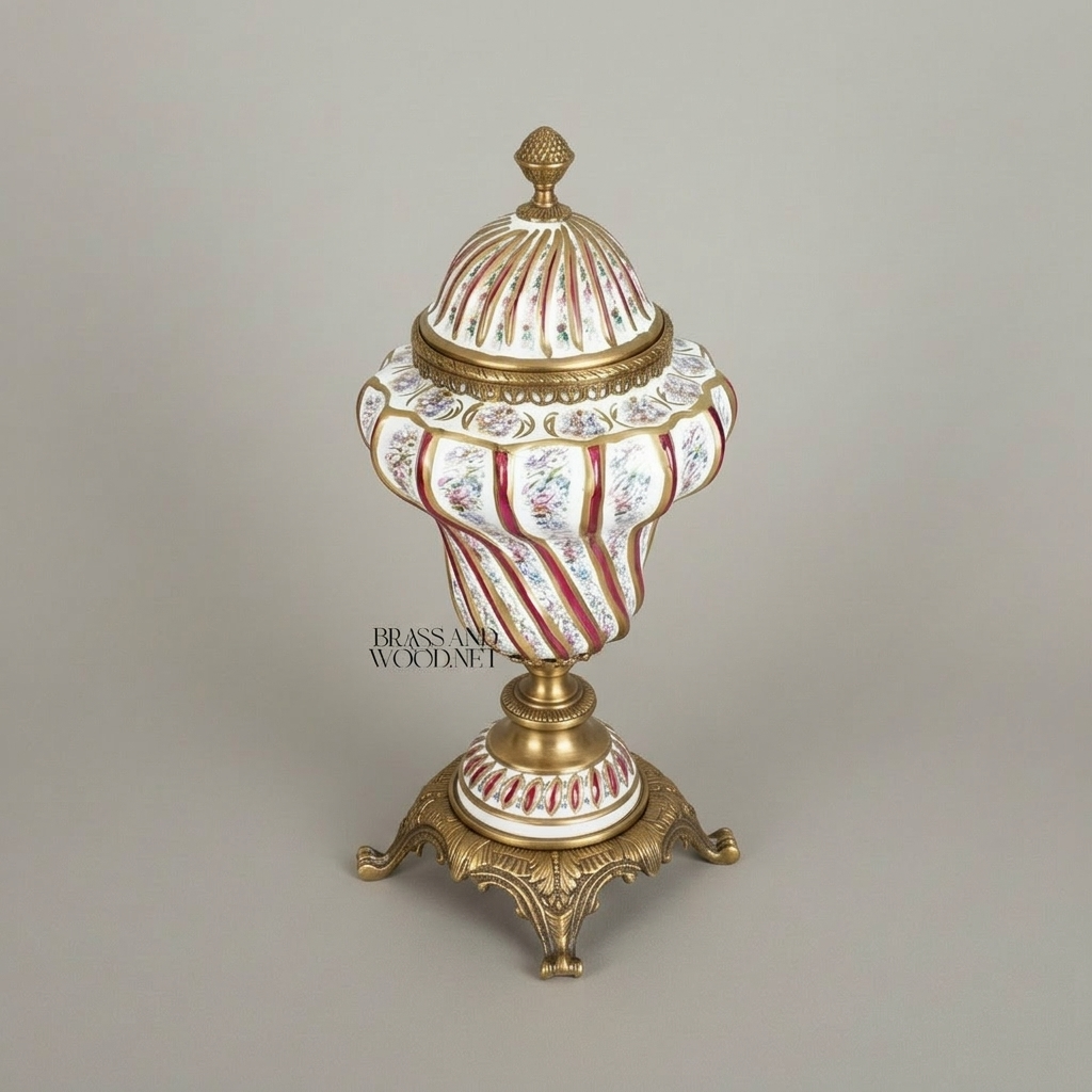Rococo Hand-Painted Porcelain Lidded Urn with Brass Base — Spiral Floral Vase — Antique Gold