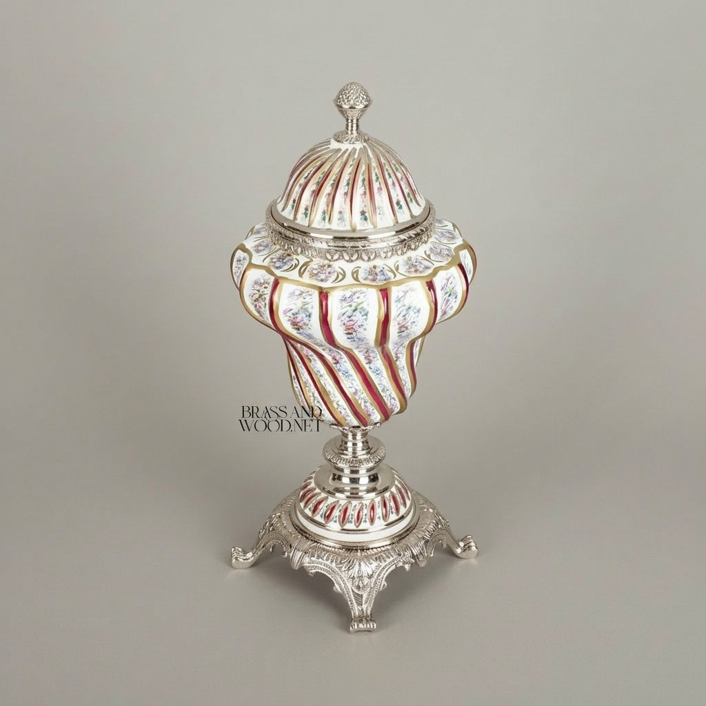 Rococo Hand-Painted Porcelain Lidded Urn with Brass Base — Spiral Floral Vase — Silver
