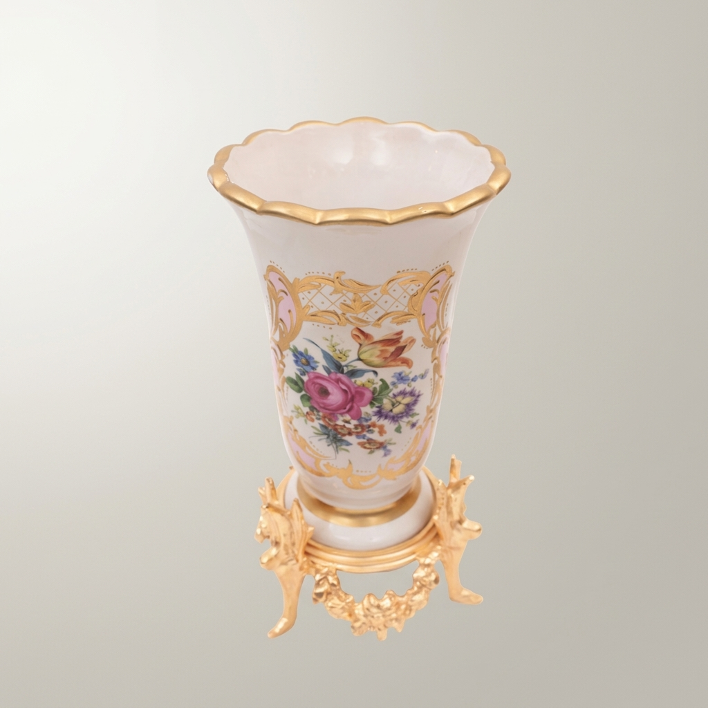 Rococo Hand-Painted Porcelain Trumpet Vase on Ornate Brass Stand with Floral Bouquet Cartouche — Gold