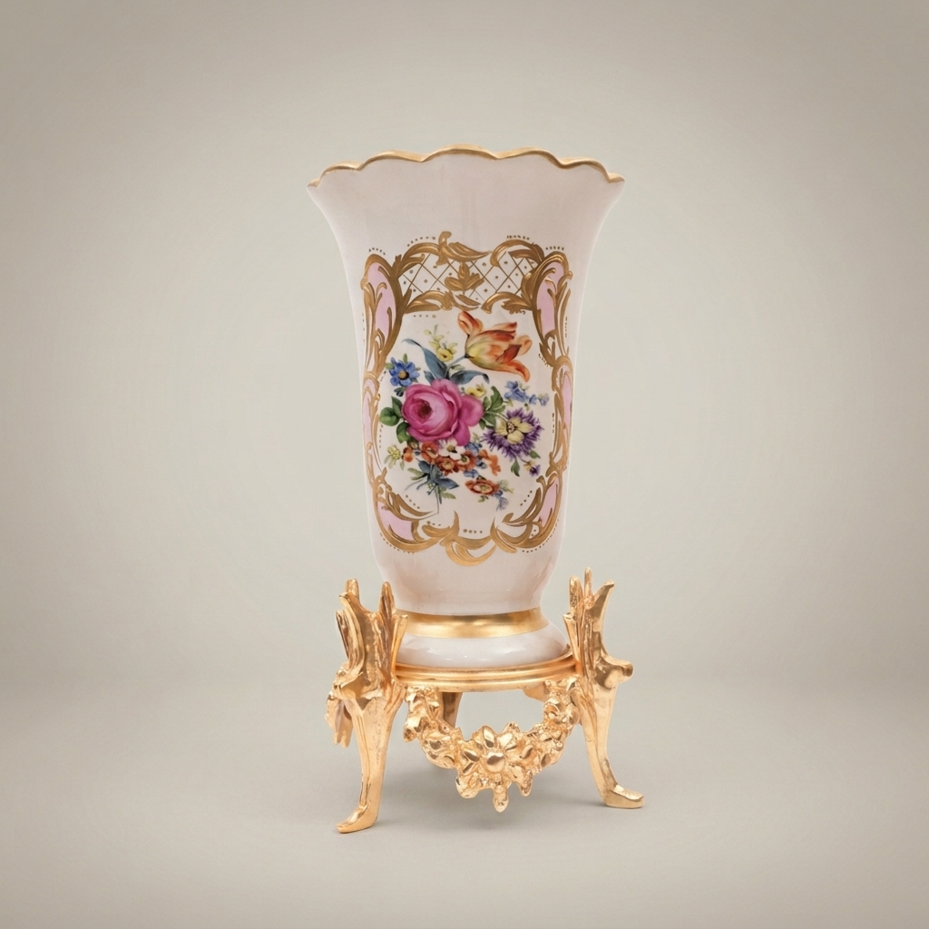 Rococo Hand-Painted Porcelain Trumpet Vase on Ornate Brass Stand with Floral Bouquet Cartouche