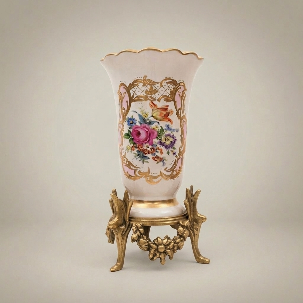 Rococo Hand-Painted Porcelain Trumpet Vase on Ornate Brass Stand with Floral Bouquet Cartouche — Antique Gold
