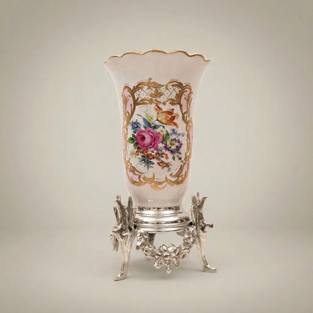 Rococo Hand-Painted Porcelain Trumpet Vase on Ornate Brass Stand with Floral Bouquet Cartouche — Silver