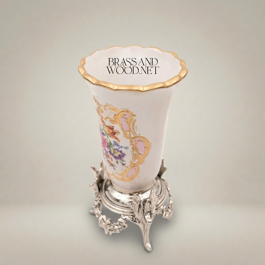Rococo Hand-Painted Porcelain Trumpet Vase on Ornate Brass Stand with Floral Bouquet Cartouche — Silver