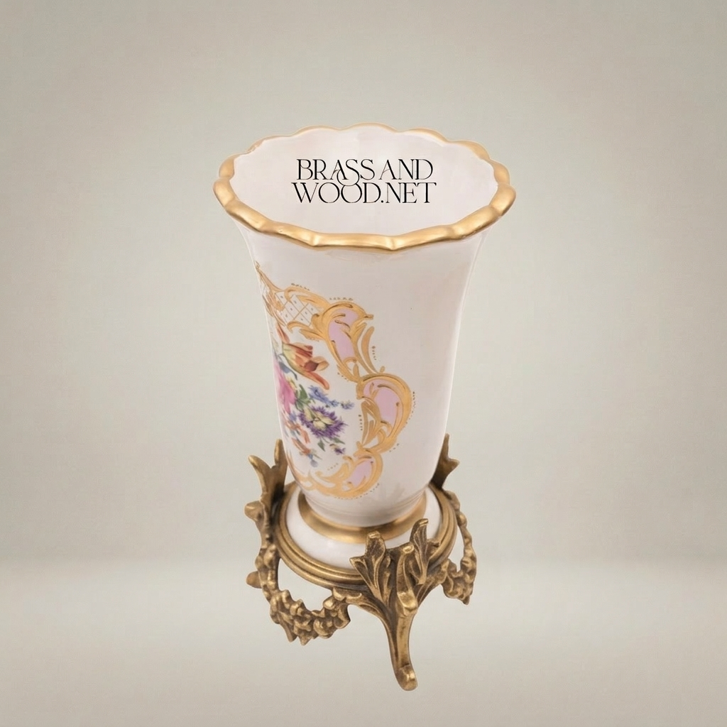 Rococo Hand-Painted Porcelain Trumpet Vase on Ornate Brass Stand with Floral Bouquet Cartouche — Antique Gold
