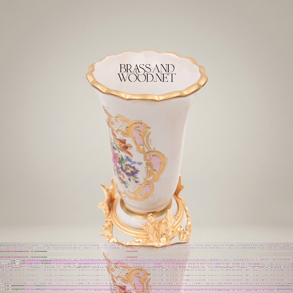 Rococo Hand-Painted Porcelain Trumpet Vase on Ornate Brass Stand with Floral Bouquet Cartouche — Gold