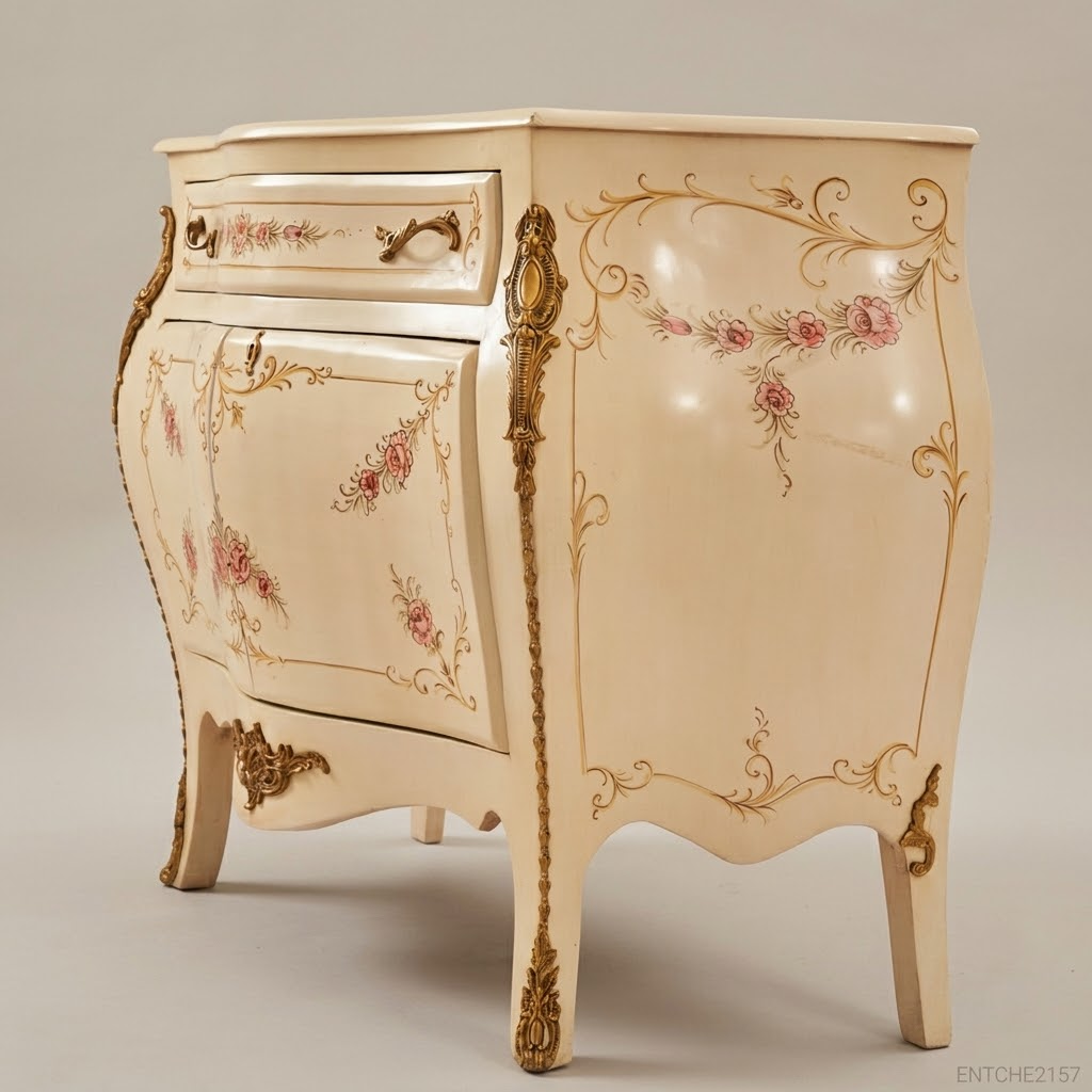 Louis XV Rococo Bombe Commode – Ivory Lacquer & Hand-Painted Roses