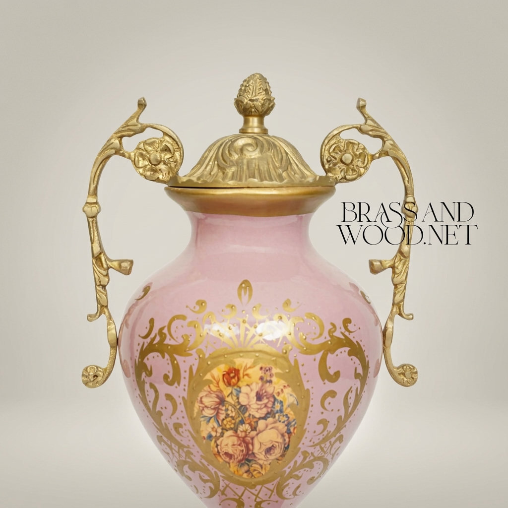 Rococo Lidded Ceramic Urn Vase with Brass Mounts & Hand-Painted Floral Medallion — Antique Gold