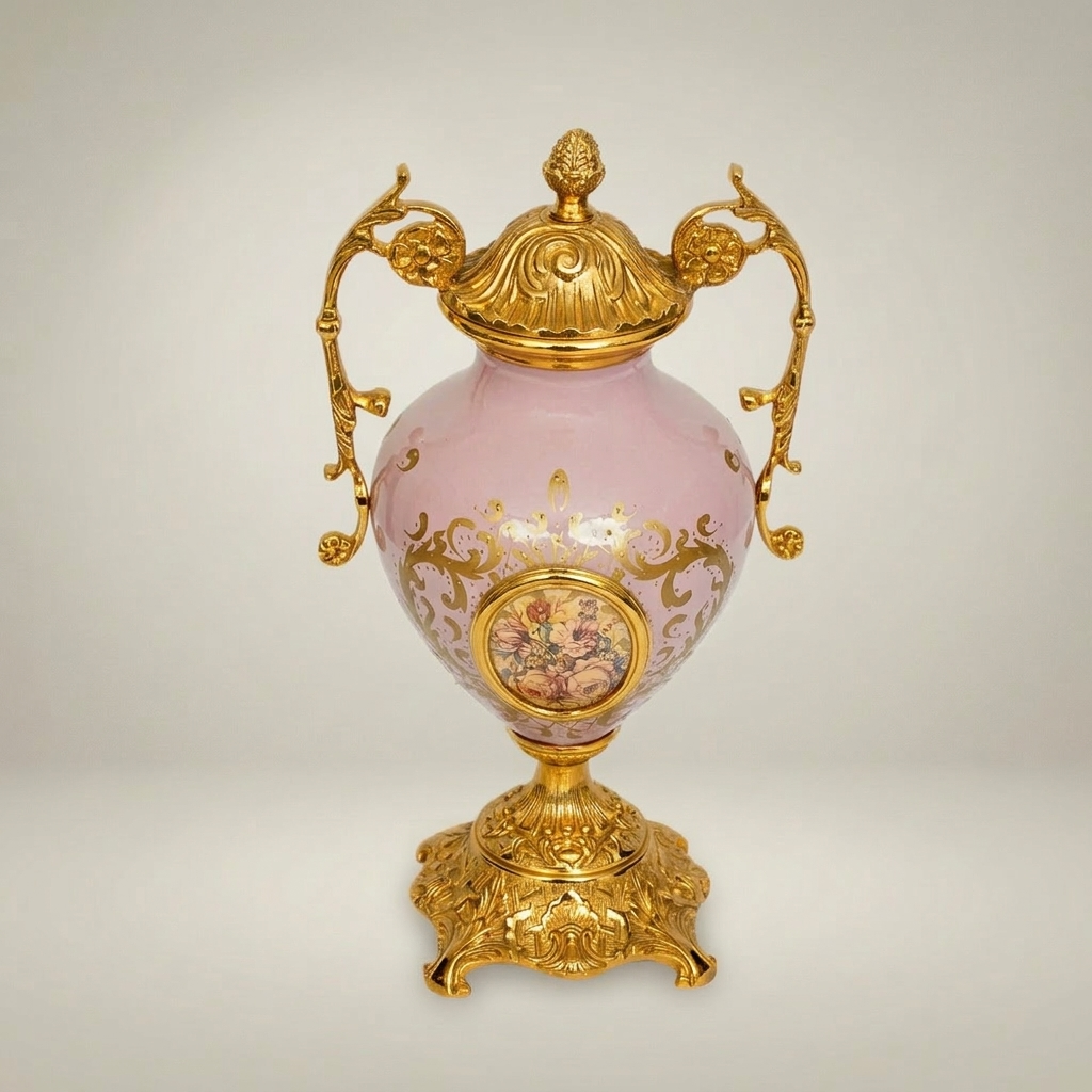 Rococo Lidded Ceramic Urn Vase with Brass Mounts & Hand-Painted Floral Medallion