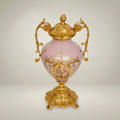 Rococo Lidded Ceramic Urn Vase with Brass Mounts & Hand-Painted Floral Medallion — Gold