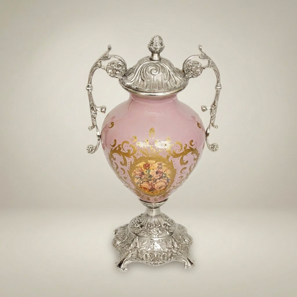 Rococo Lidded Ceramic Urn Vase with Brass Mounts & Hand-Painted Floral Medallion — Silver