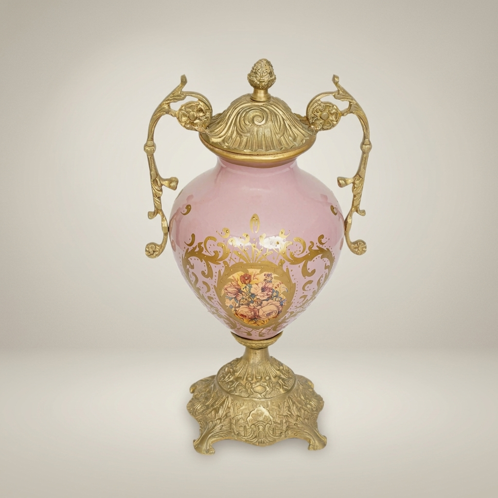 Rococo Lidded Ceramic Urn Vase with Brass Mounts & Hand-Painted Floral Medallion — Antique Gold
