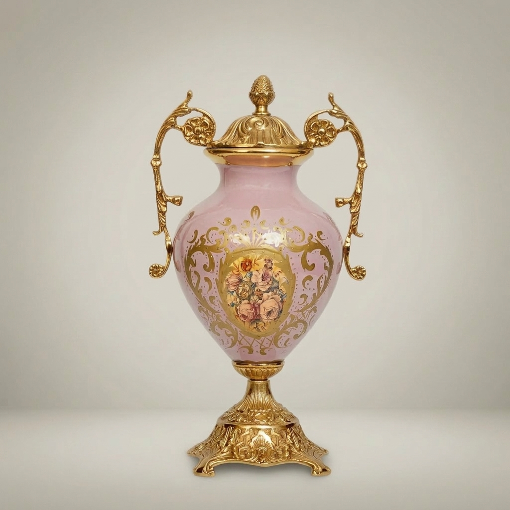 Rococo Lidded Ceramic Urn Vase with Brass Mounts & Hand-Painted Floral Medallion — Gold