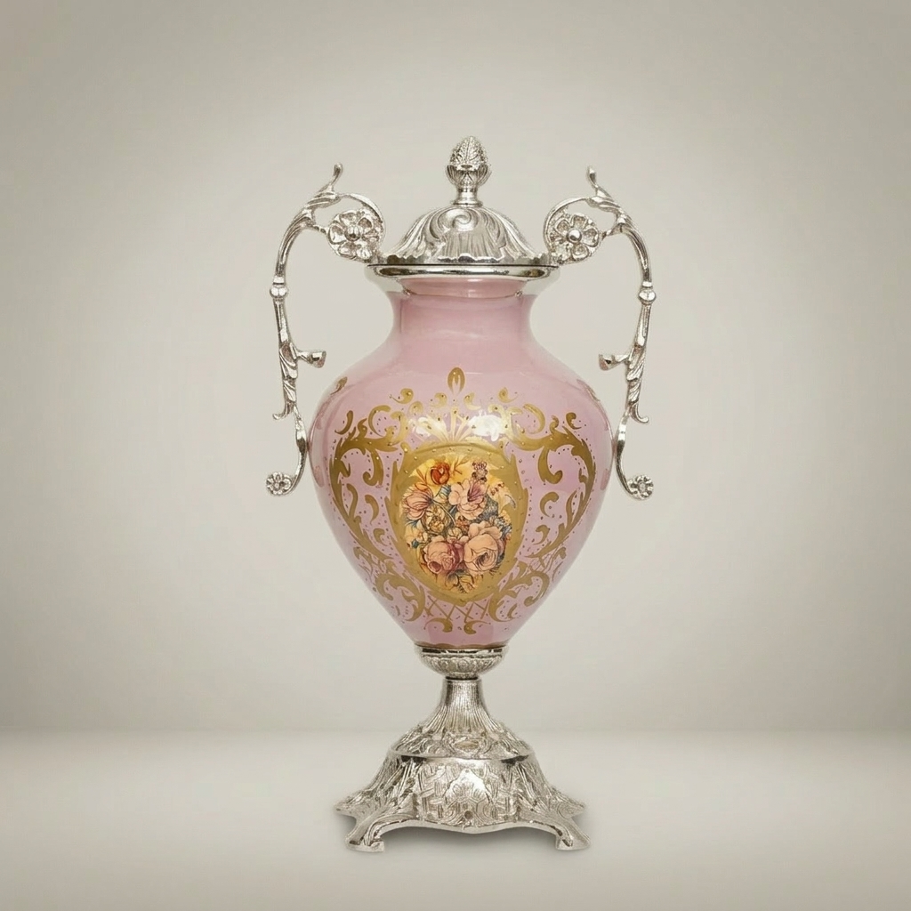 Rococo Lidded Ceramic Urn Vase with Brass Mounts & Hand-Painted Floral Medallion — Silver