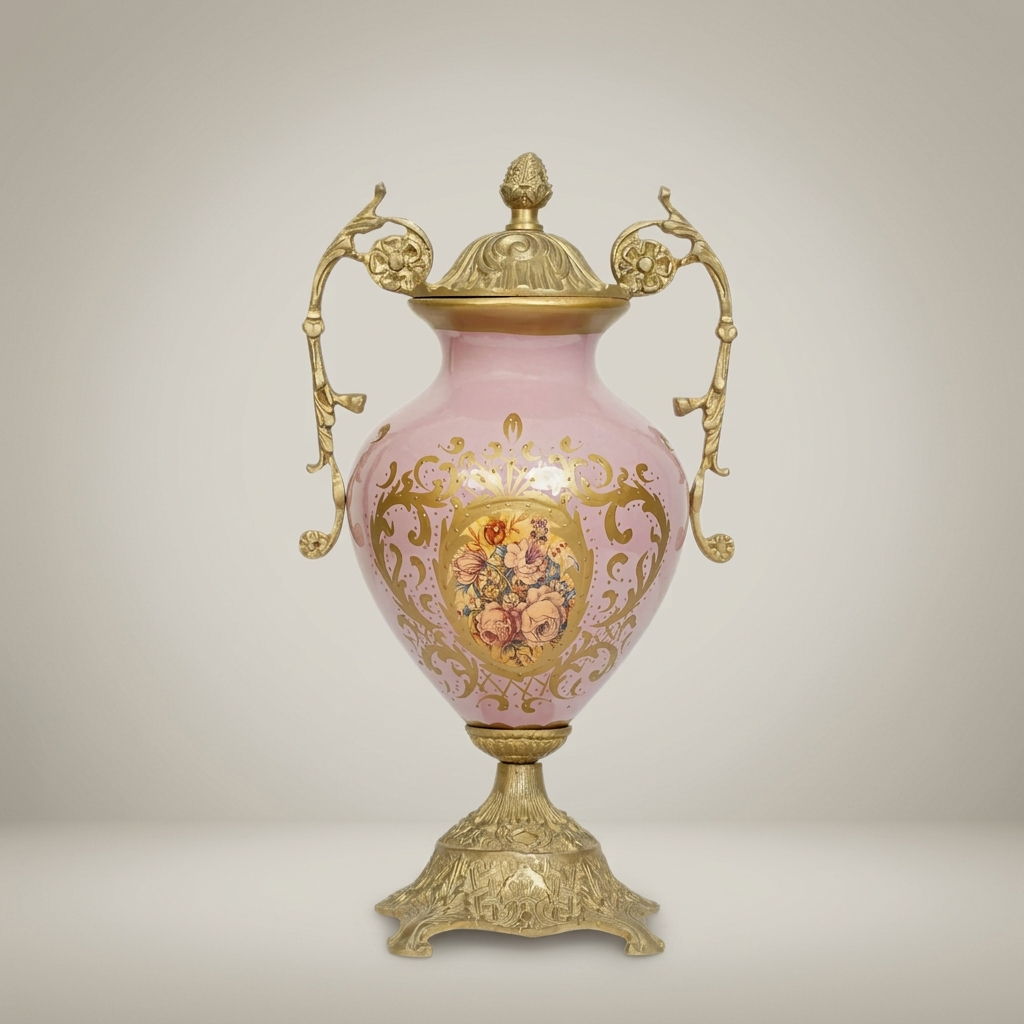 Rococo Lidded Ceramic Urn Vase with Brass Mounts & Hand-Painted Floral Medallion — Antique Gold