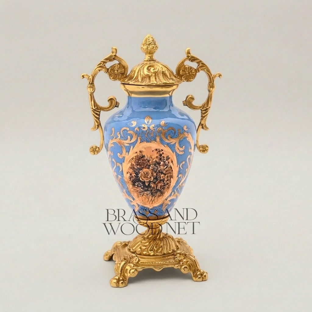 Rococo Lidded Ceramic Urn Vase with Brass Mounts & Hand-Painted Medallion - Gold