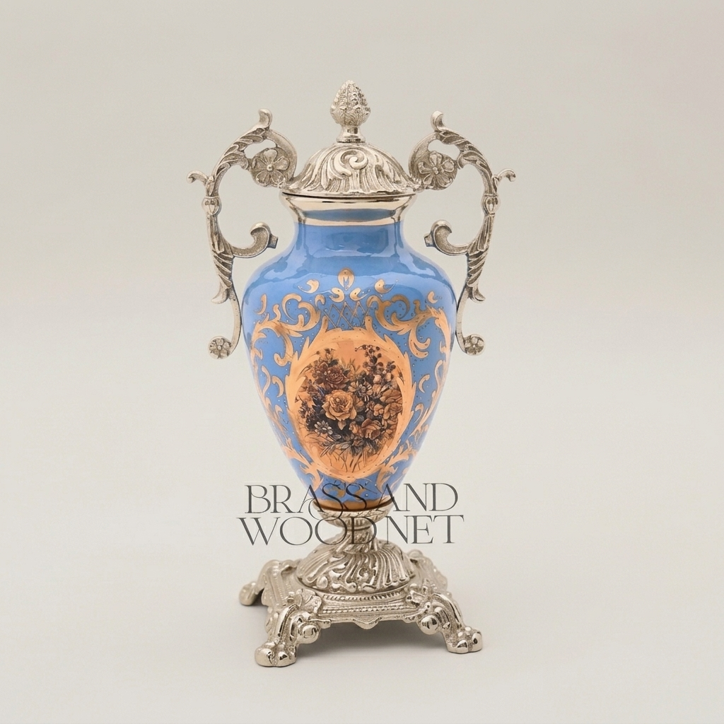 Rococo Lidded Ceramic Urn Vase with Brass Mounts & Hand-Painted Medallion - Silver