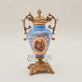 Rococo Lidded Ceramic Urn Vase with Brass Mounts & Hand-Painted Medallion - Antique Gold