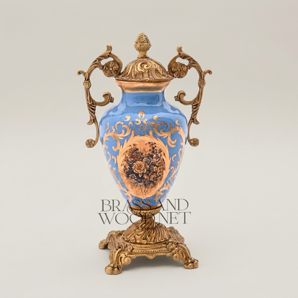 Rococo Lidded Ceramic Urn Vase with Brass Mounts & Hand-Painted Medallion - Antique Gold