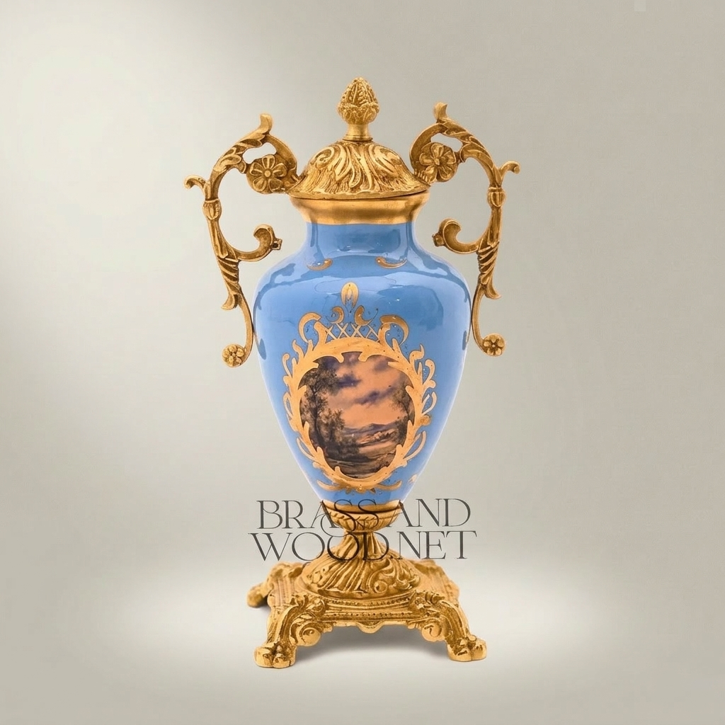 Rococo Lidded Ceramic Urn Vase with Brass Mounts & Hand-Painted Medallion - Gold