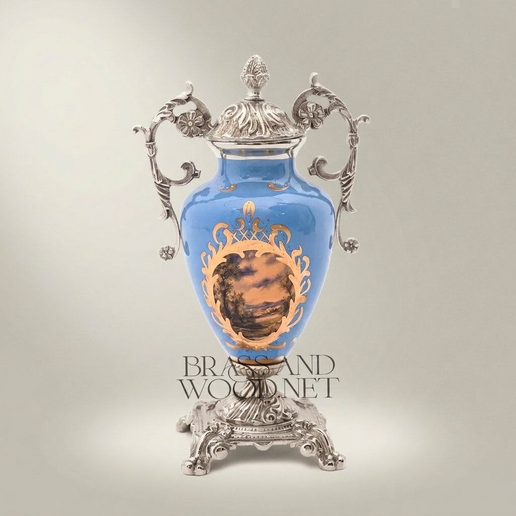Rococo Lidded Ceramic Urn Vase with Brass Mounts & Hand-Painted Medallion - Silver