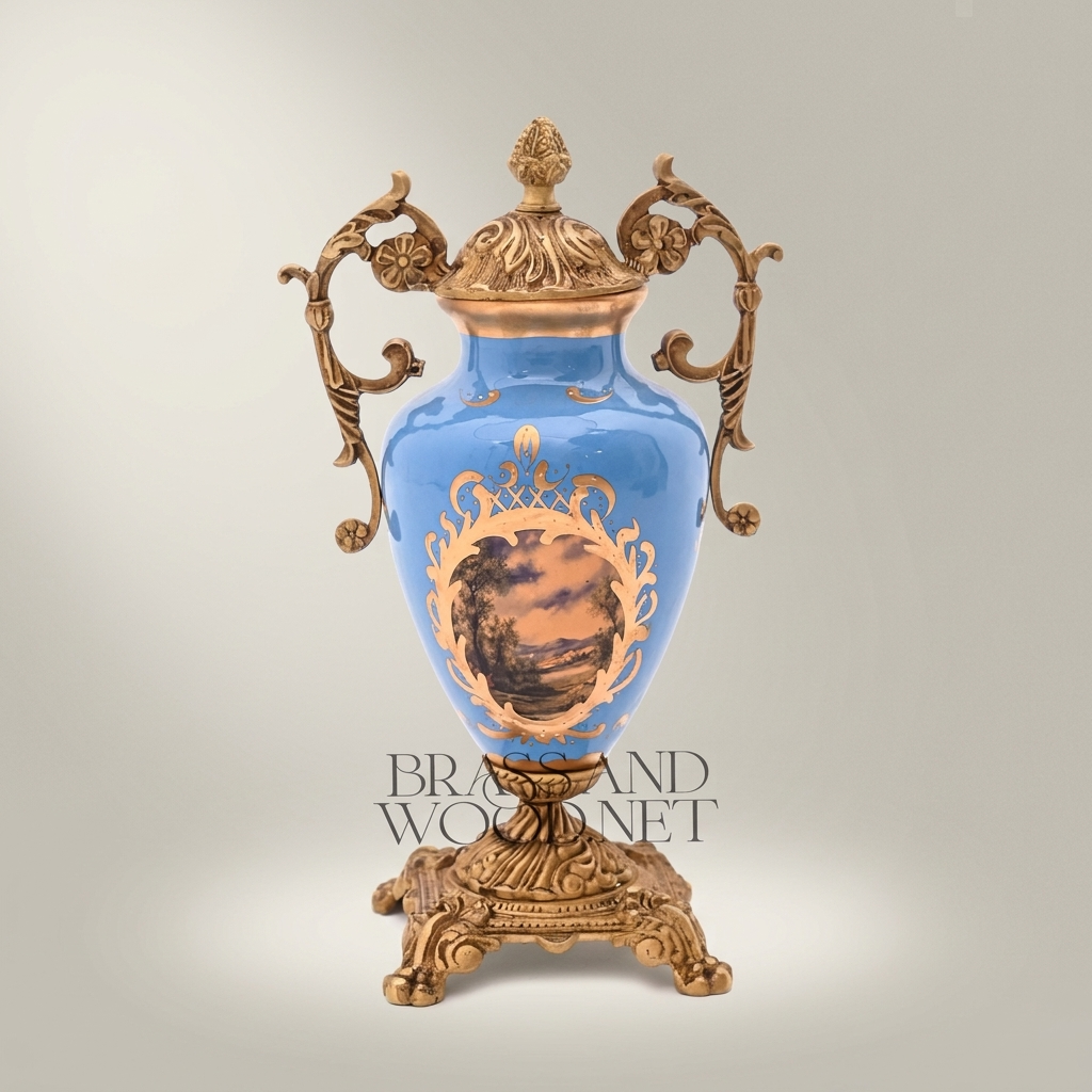 Rococo Lidded Ceramic Urn Vase with Brass Mounts & Hand-Painted Medallion - Antique Gold