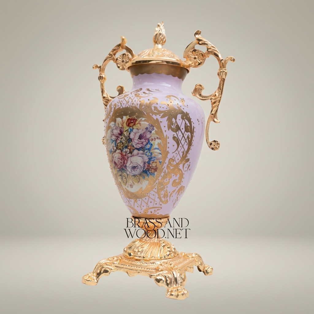 Rococo Lidded Urn Vase — Hand-Painted Floral Medallion with Scrolled Brass Handles