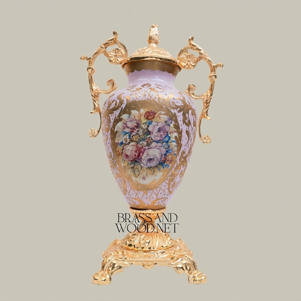 Rococo Lidded Urn Vase — Hand-Painted Floral Medallion with Scrolled Brass Handles — Gold