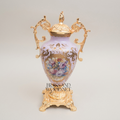 Rococo Lidded Urn Vase — Hand-Painted Floral Medallion with Scrolled Brass Handles — Gold