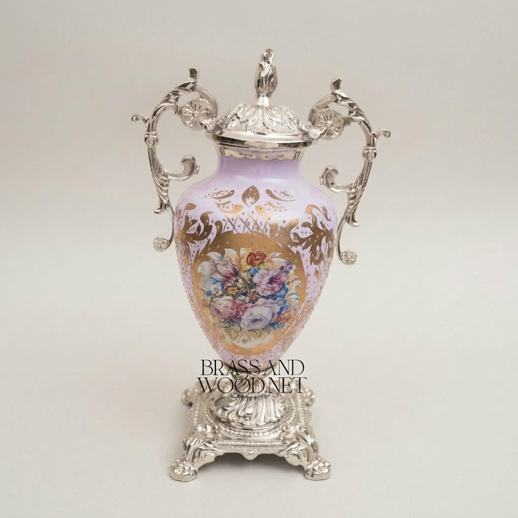 Rococo Lidded Urn Vase — Hand-Painted Floral Medallion with Scrolled Brass Handles — Silver