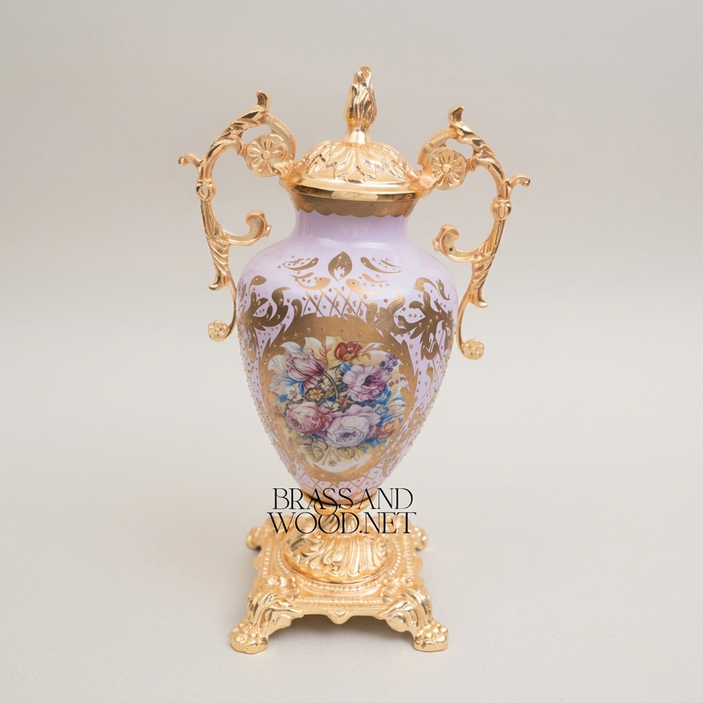 Rococo Lidded Urn Vase — Hand-Painted Floral Medallion with Scrolled Brass Handles