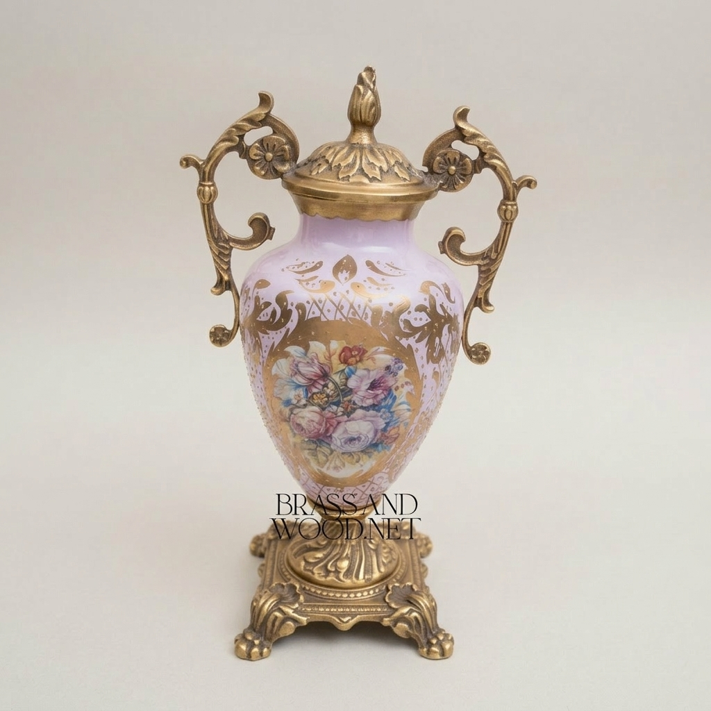 Rococo Lidded Urn Vase — Hand-Painted Floral Medallion with Scrolled Brass Handles — Antique Gold