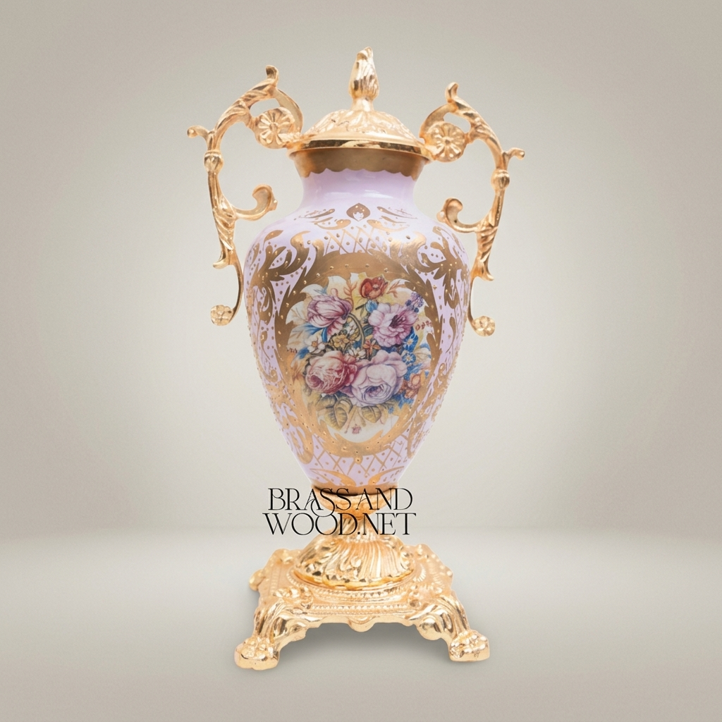 Rococo Lidded Urn Vase — Hand-Painted Floral Medallion with Scrolled Brass Handles — Gold