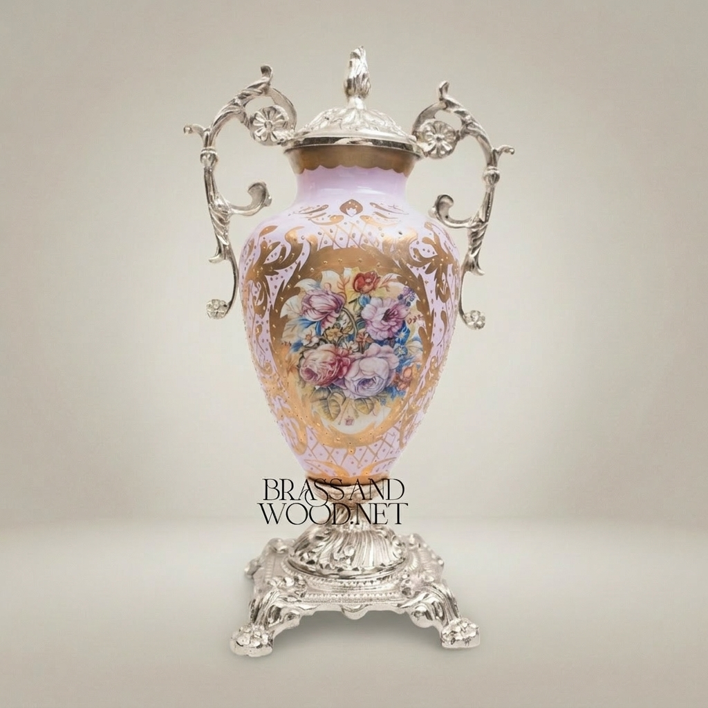 Rococo Lidded Urn Vase — Hand-Painted Floral Medallion with Scrolled Brass Handles — Silver