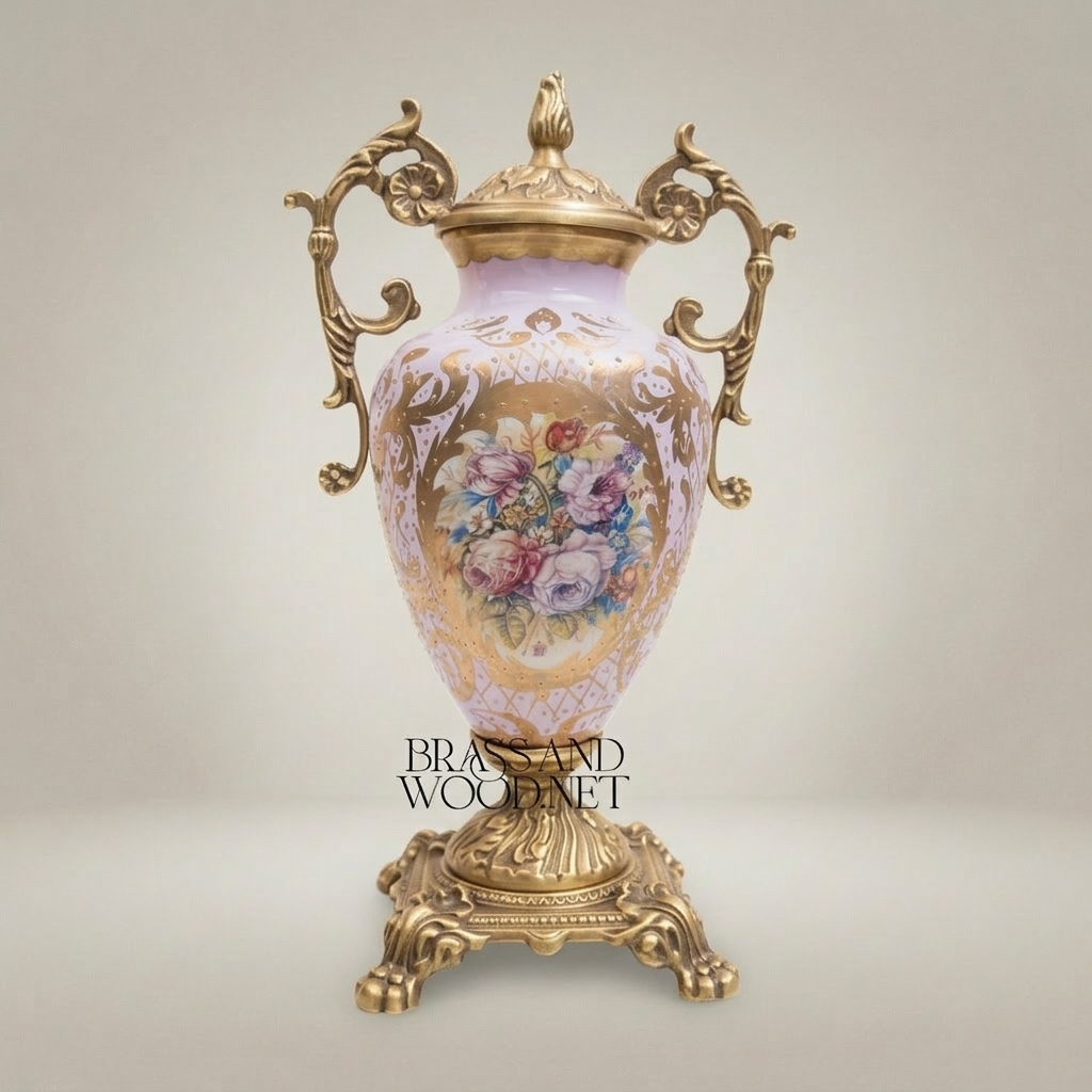 Rococo Lidded Urn Vase — Hand-Painted Floral Medallion with Scrolled Brass Handles — Antique Gold