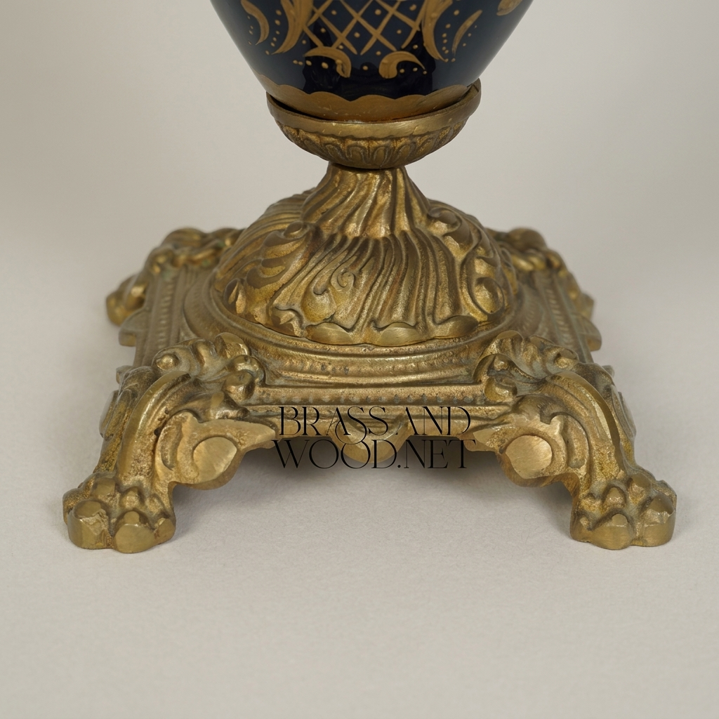 Rococo Lidded Urn Vase - Navy Blue Ceramic with Ornate Brass Mounts & Floral Medallion — Antique Gold