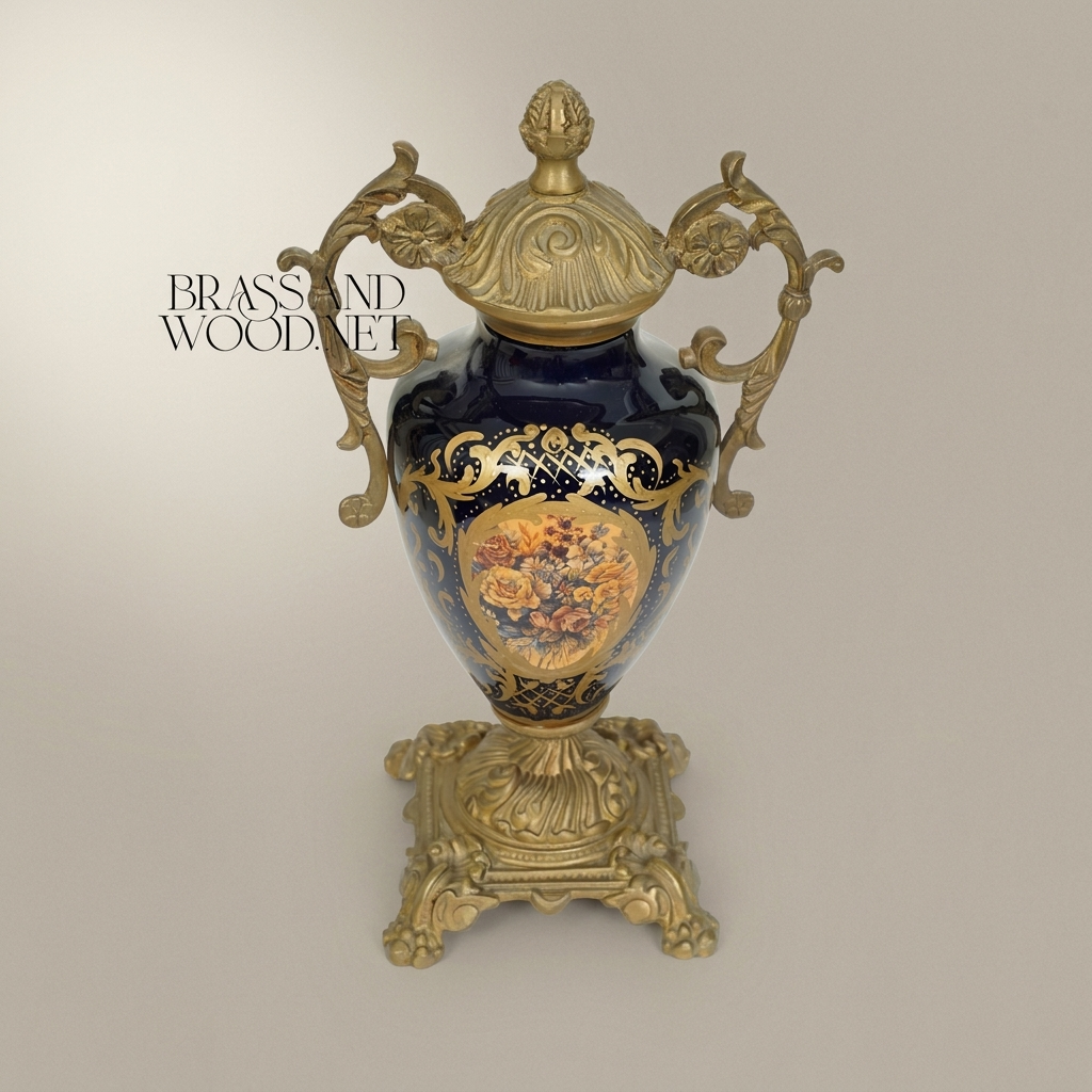 Rococo Lidded Urn Vase - Navy Blue Ceramic with Ornate Brass Mounts & Floral Medallion — Antique Gold