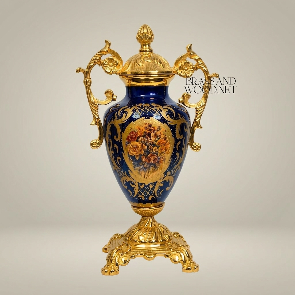 Rococo Lidded Urn Vase - Navy Blue Ceramic with Ornate Brass Mounts & Floral Medallion
