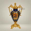 Rococo Lidded Urn Vase - Navy Blue Ceramic with Ornate Brass Mounts & Floral Medallion — Gold