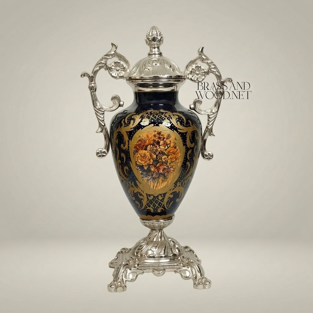 Rococo Lidded Urn Vase - Navy Blue Ceramic with Ornate Brass Mounts & Floral Medallion — Silver