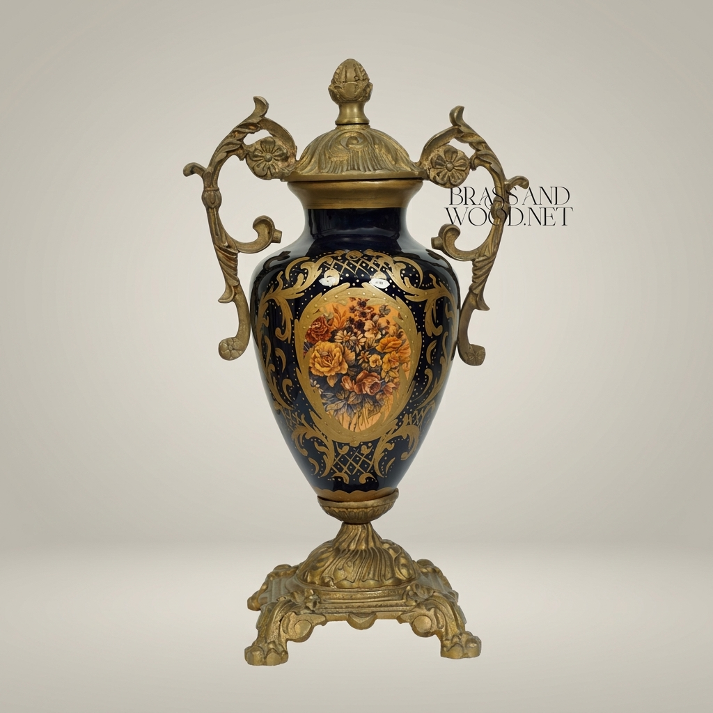 Rococo Lidded Urn Vase - Navy Blue Ceramic with Ornate Brass Mounts & Floral Medallion — Antique Gold