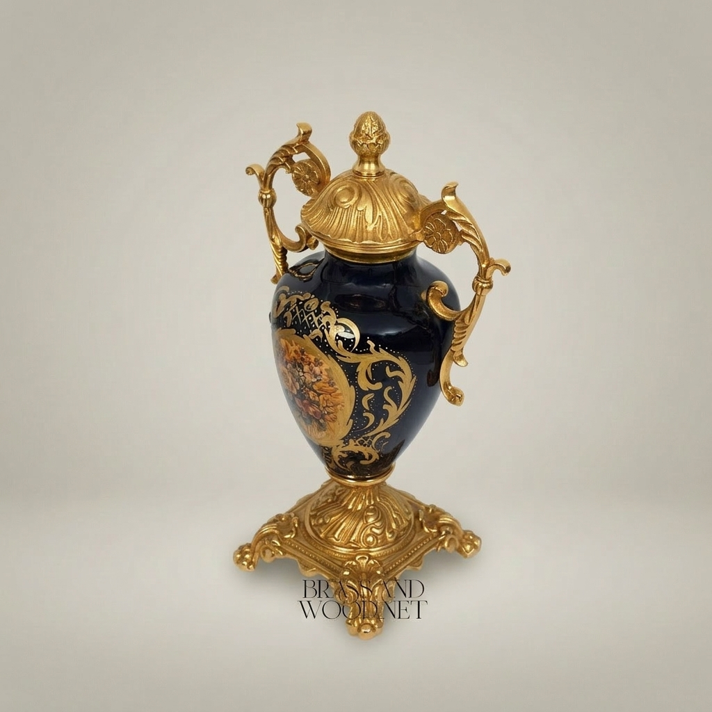 Rococo Lidded Urn Vase - Navy Blue Ceramic with Ornate Brass Mounts & Floral Medallion — Gold