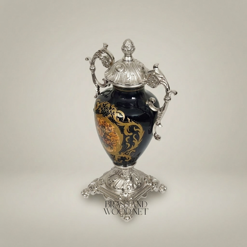 Rococo Lidded Urn Vase - Navy Blue Ceramic with Ornate Brass Mounts & Floral Medallion — Silver